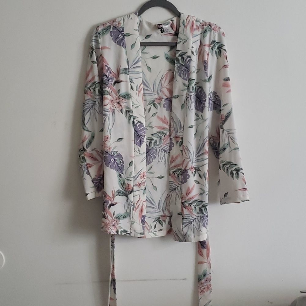Floral Print Open-Front Lightweight Cardigan  - White/Pastel